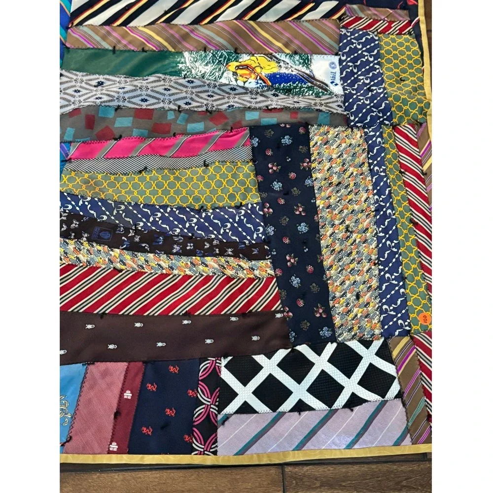 Vintage Handmade Silk Necktie Patchwork Quilt Gucci Designer Labels 63x54